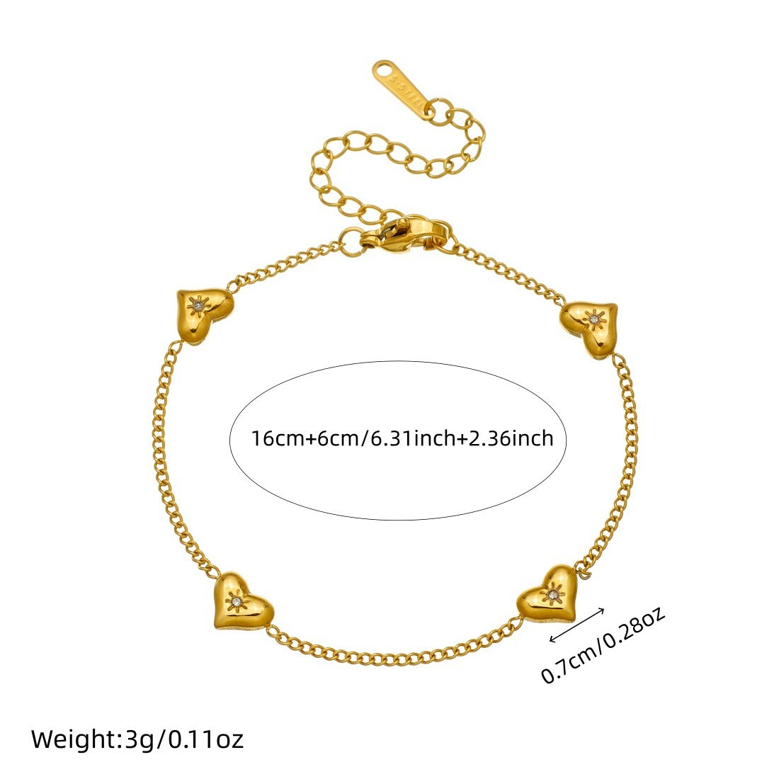 Minimalist Gold Plated Heart Rhinestone Stainless Steel Bracelet for Women