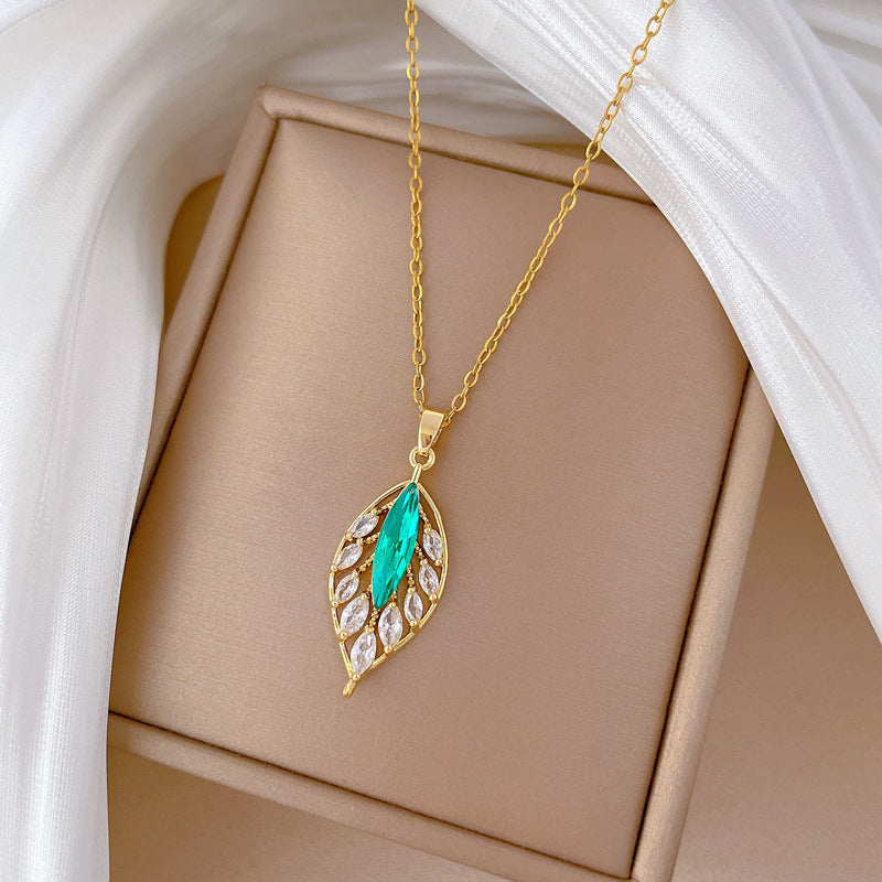 Minimalist Geometric Blue Leaf Pendant Necklace for Women Stainless Steel Locket Chain with Rhinestone Inlay