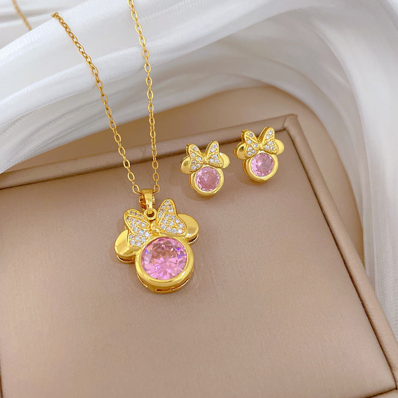 Sweet Butterfly Cat Rhinestone Titanium Steel Necklace Set for Unisex