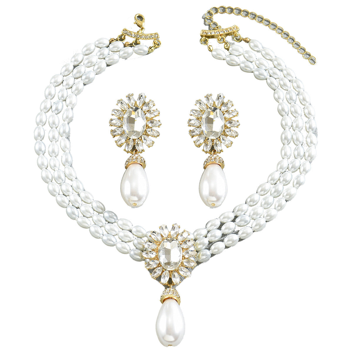 Juego de collar y pendientes de perlas de lujo geométricos para mujer con incrustaciones de cristal, cadena de clavícula de varias capas
