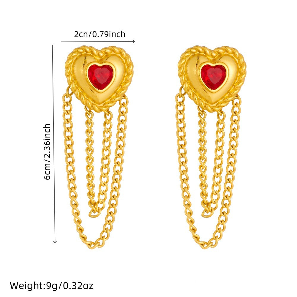 Gold Plated Rhinestone Heart Floral Bow Tassel Stainless Steel Earrings for Women