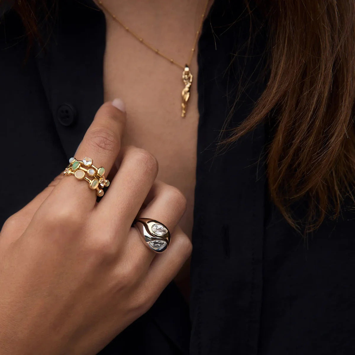 Minimalist Geometric Stainless Steel Plated Ring with Rhinestones for Women