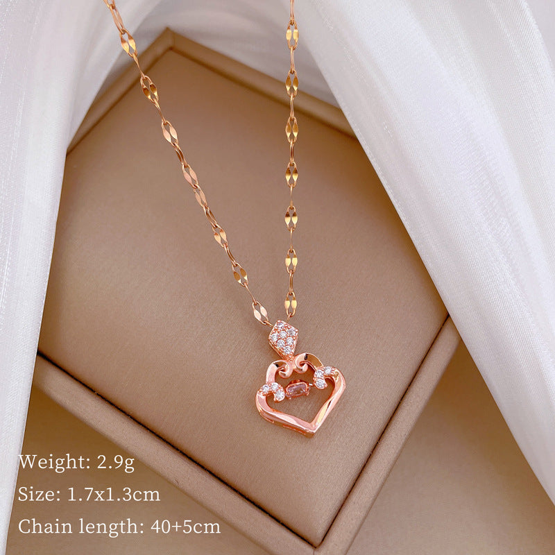 Luxury Minimalist Sweet Geometric Rhinestone Pendant Necklace for Women Titanium Steel O-Chain