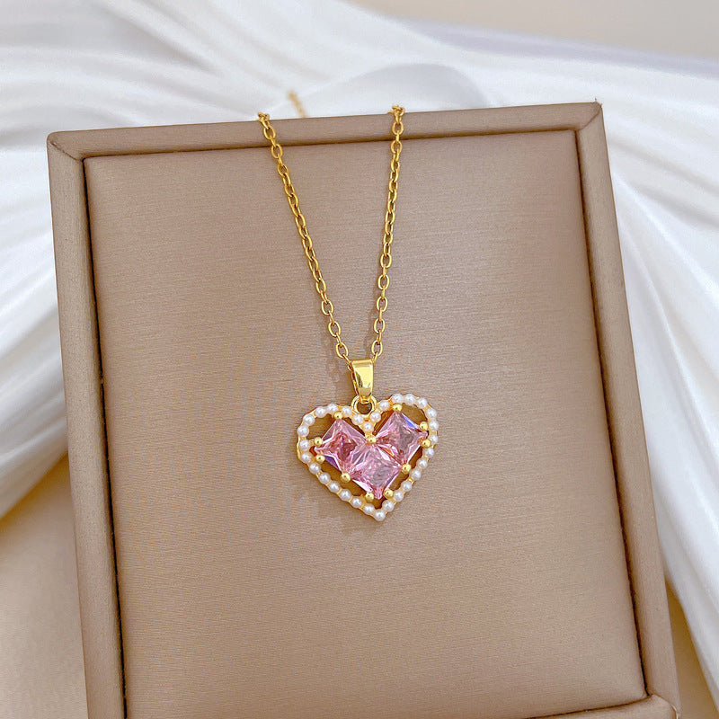 Minimalist Heart-Shaped Titanium Steel Necklace with Pearl Accents and Rhinestone Inlay for Women