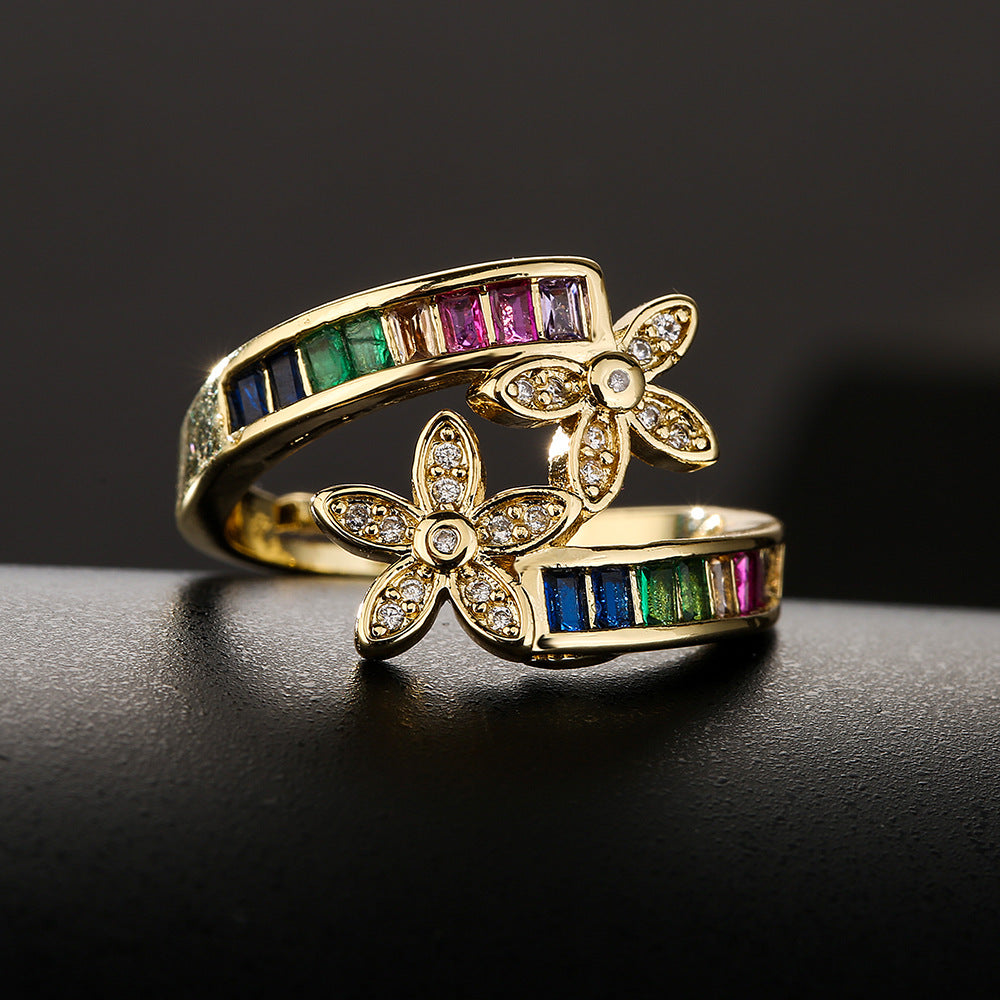 Minimalist Geometric Open Ring for Women with Cubic Zirconia Flower Accents in Copper