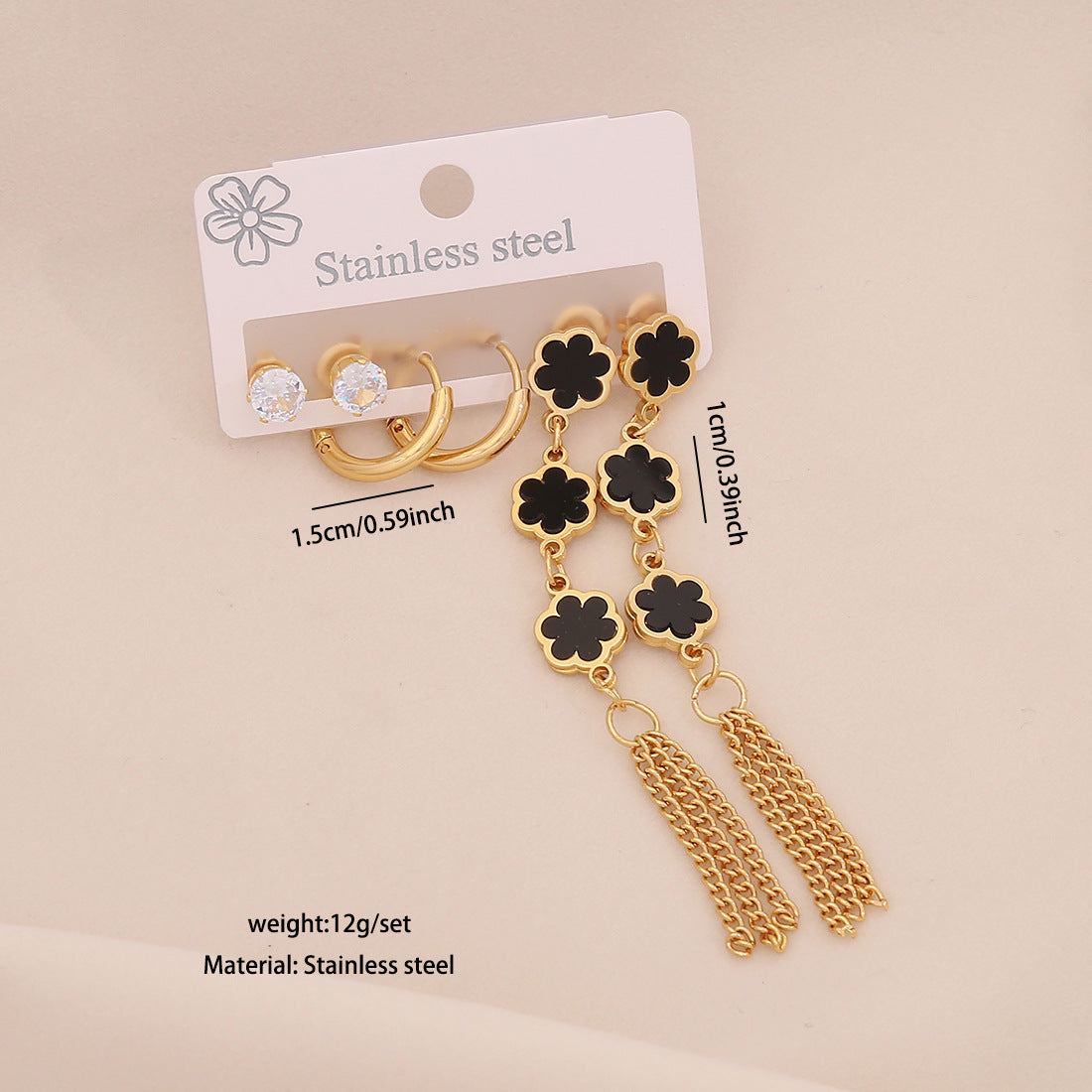Fashionable OL Style Heart-Shaped Titanium Steel Earrings Set with Electroplated Finish and Floral Six-Petal Flower Design for Women