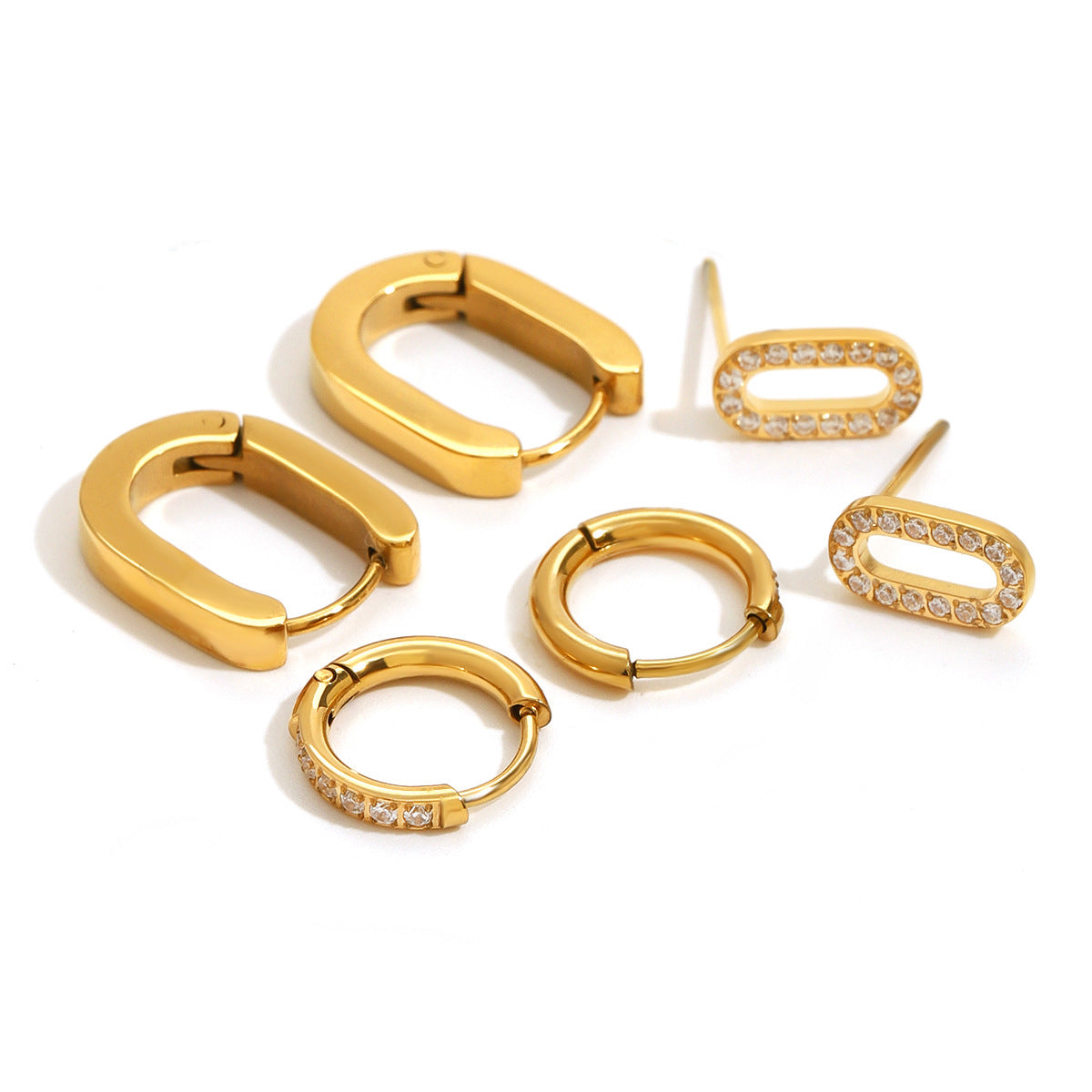 Eleganti orecchini a cerchio geometrici in acciaio inossidabile con accenti di strass, orecchini a perno in acciaio al titanio da donna