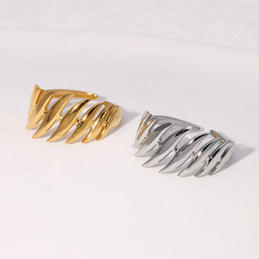 Anello Aperto Minimalista a Forma di Foglia in Acciaio Inox Placcato Oro 18K Gioielli di Moda per Donna