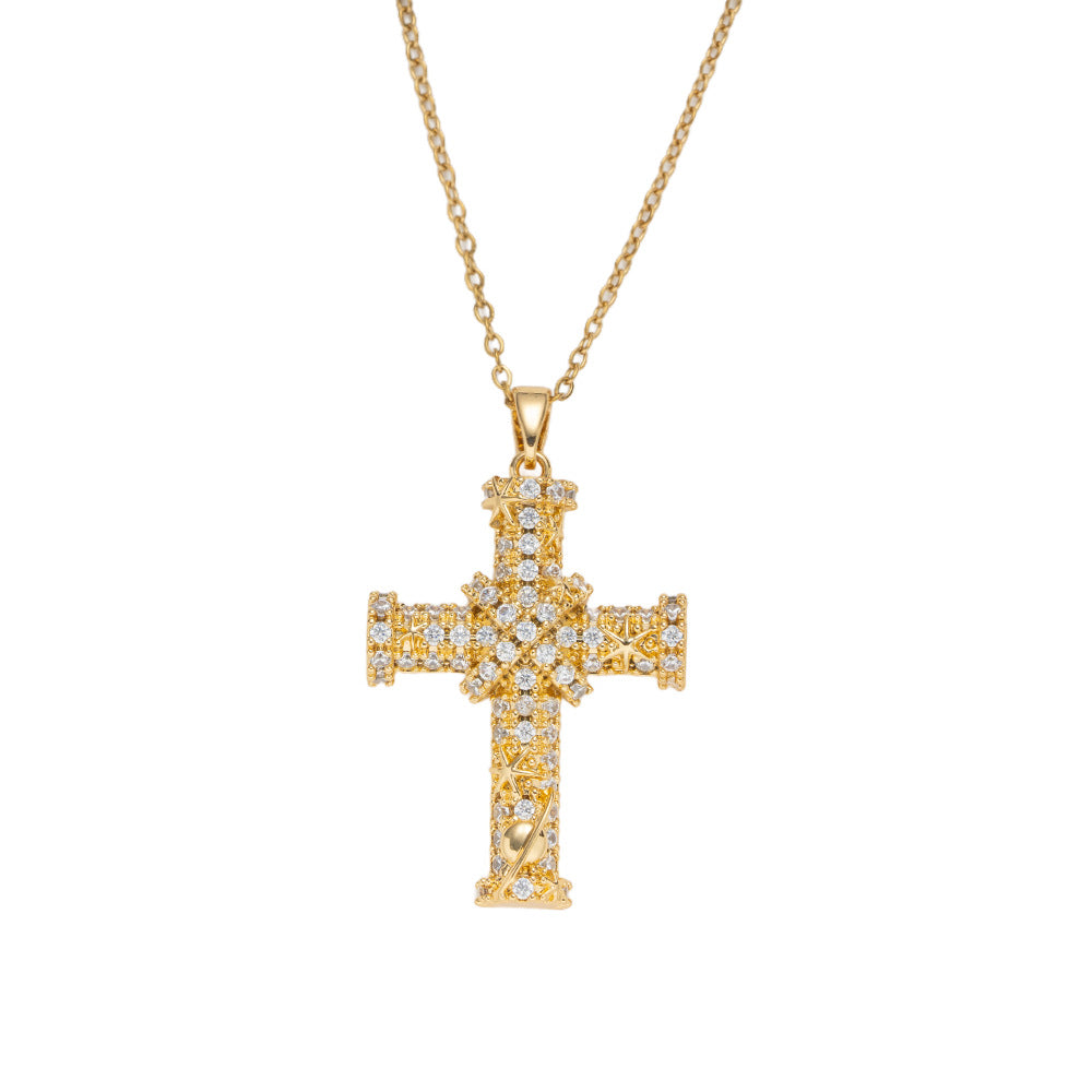 Luxury Minimalist Cross Pendant Necklace in Titanium Steel with Micro-Pave Zirconia on O-Chain for Unisex Wear