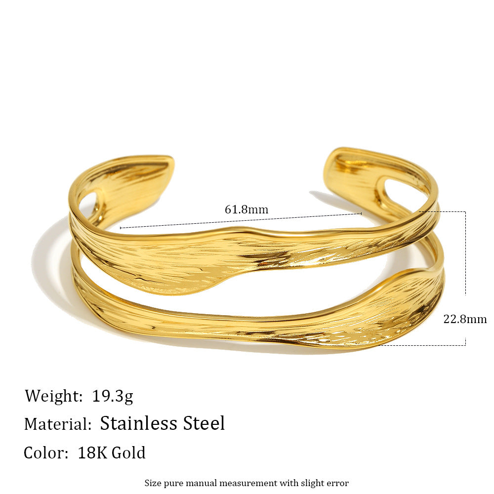 Fashionable Minimalist Wave-Textured Stainless Steel Plated 18K Gold Double-Layer Pressed Bracelet for Women