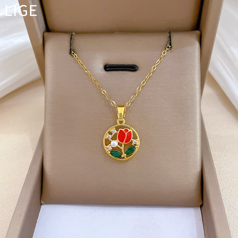 Sweet Elegant Drip Oil Geometric Moon Floral Rhinestone Titanium Steel Necklace for Women and Men