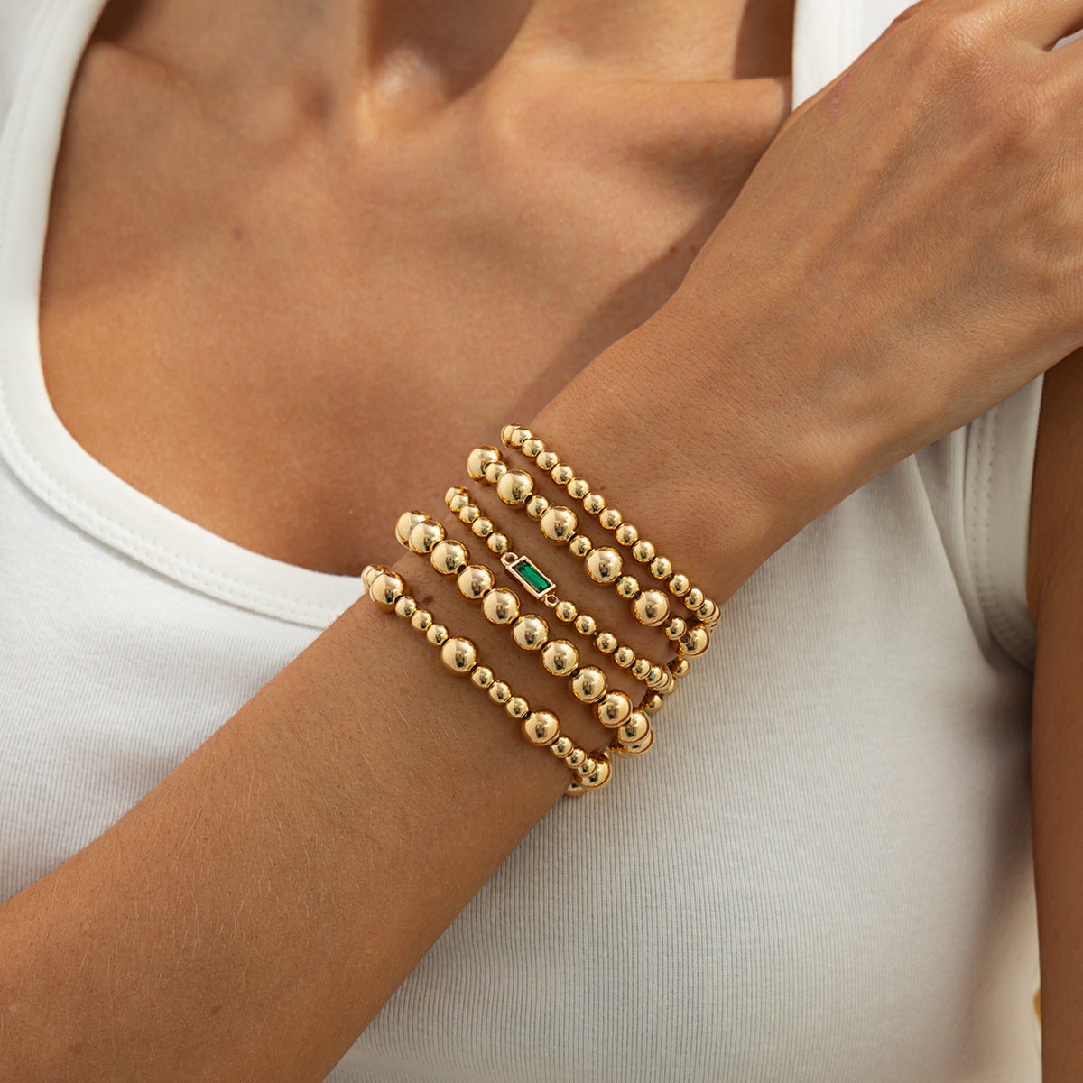 Minimalist Geometric Round Acrylic Plated Rhinestone Beaded Stretch Bracelet for Women