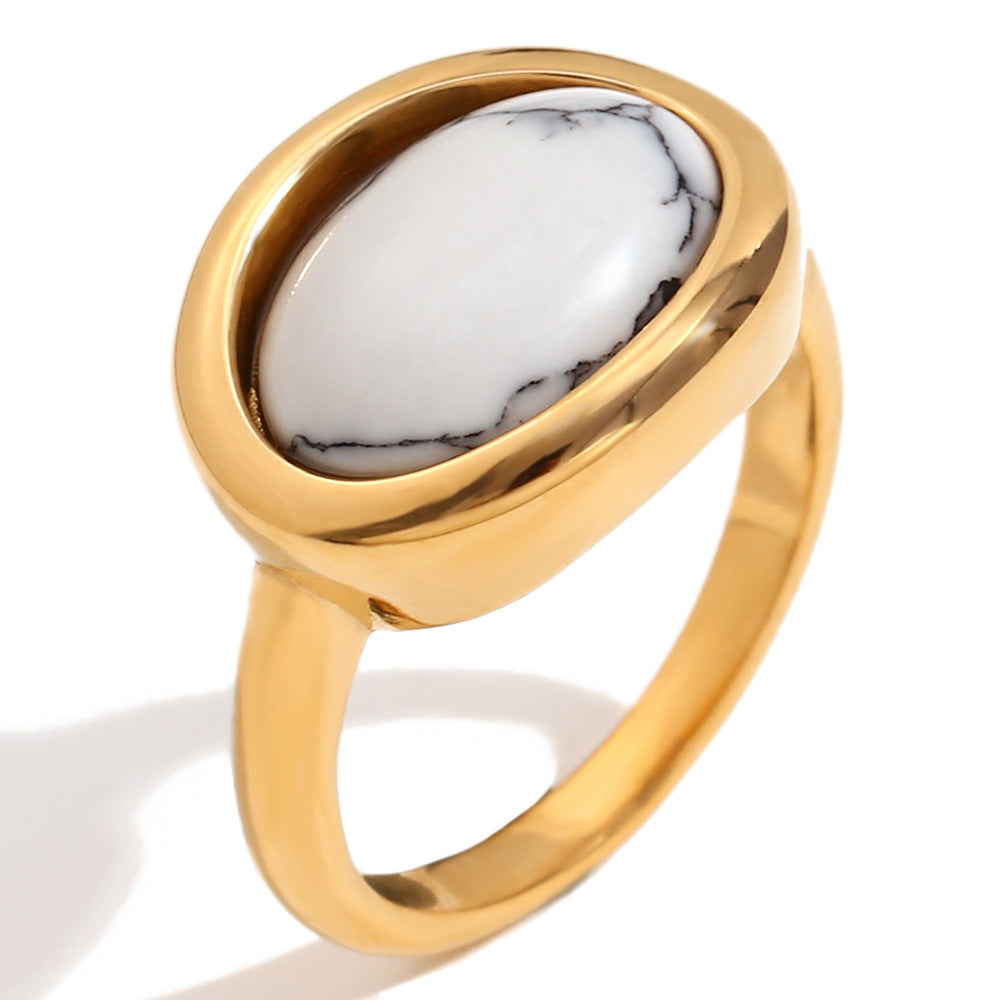 Anello geometrico in acciaio inossidabile stile vintage placcato oro 18 carati con intarsio in pietra naturale da donna