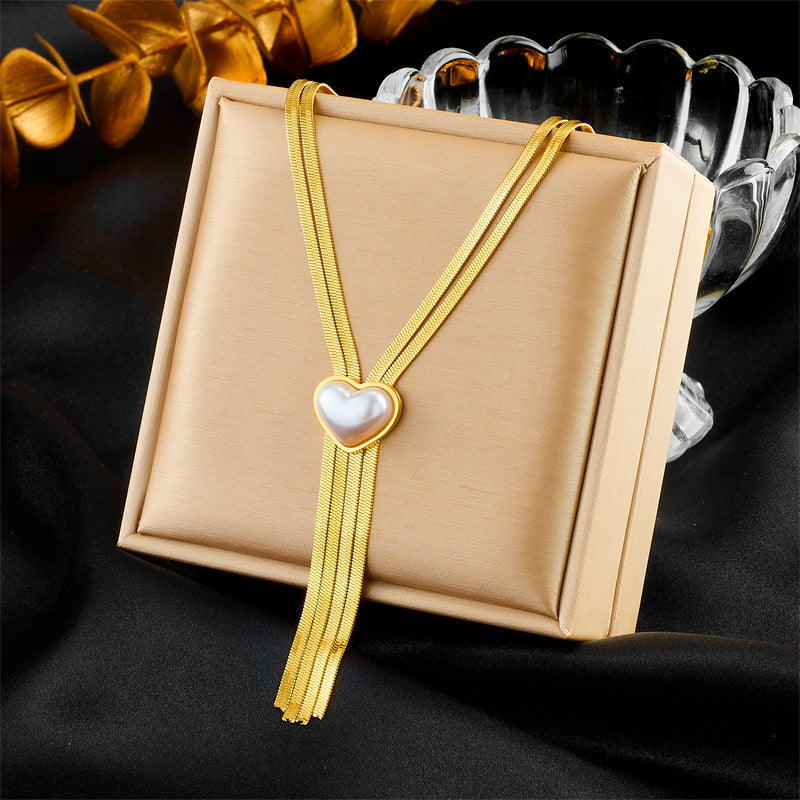 Vintage Fashion Pearl and Heart Pendant Titanium Steel Plated Multi-Layer Necklace with Fringe Detail and Blade Chain