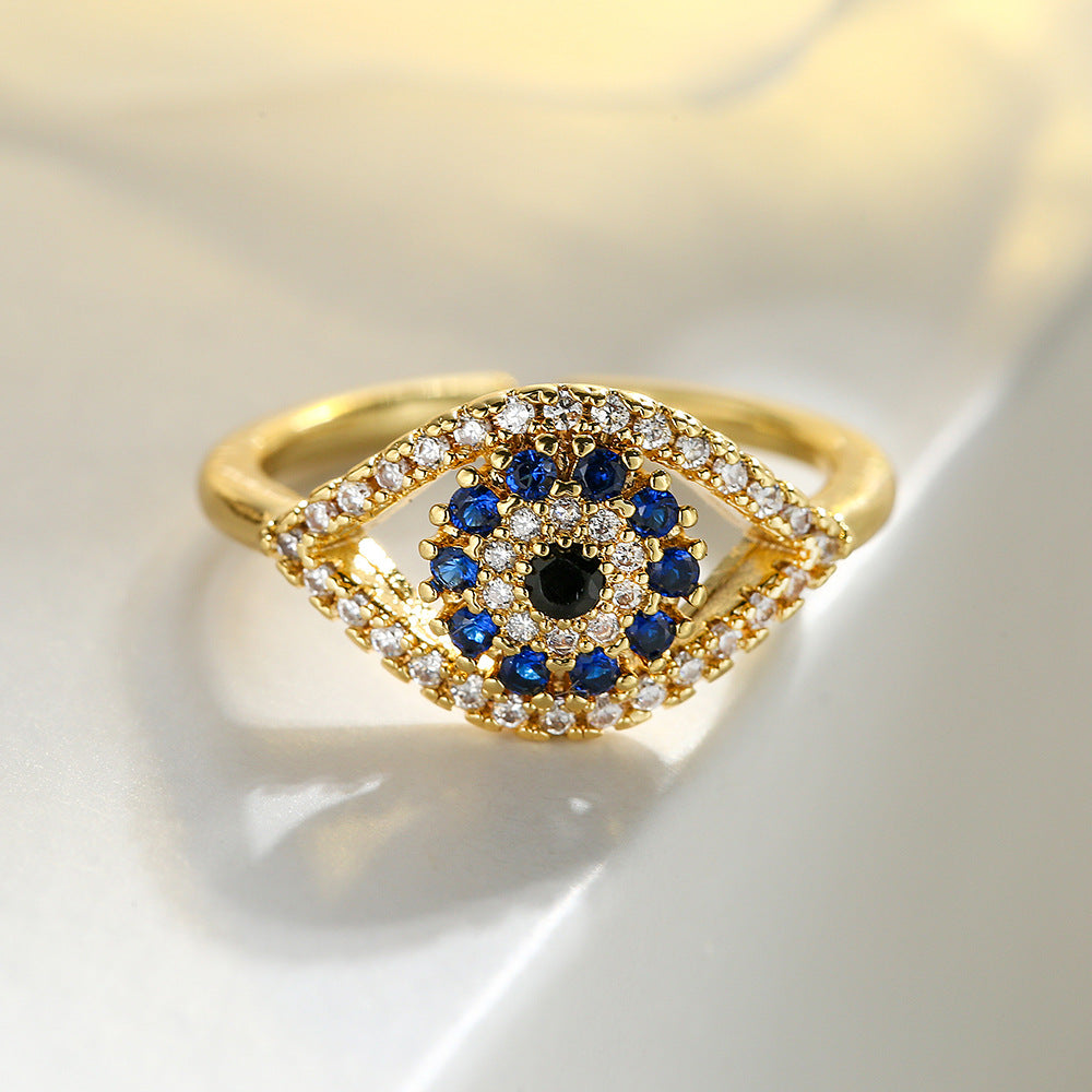 Minimalist Geometric Copper Ring with Gold Plating and Zircon Inlay Evil Eye Design for Women
