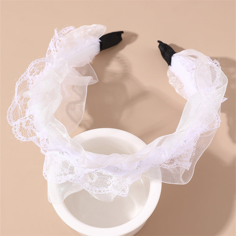 Cerchietto per Capelli con Fiocco in Pizzo e Tulle, Dettagli di Perle, Design Geometrico, Finitura in Resina Colata