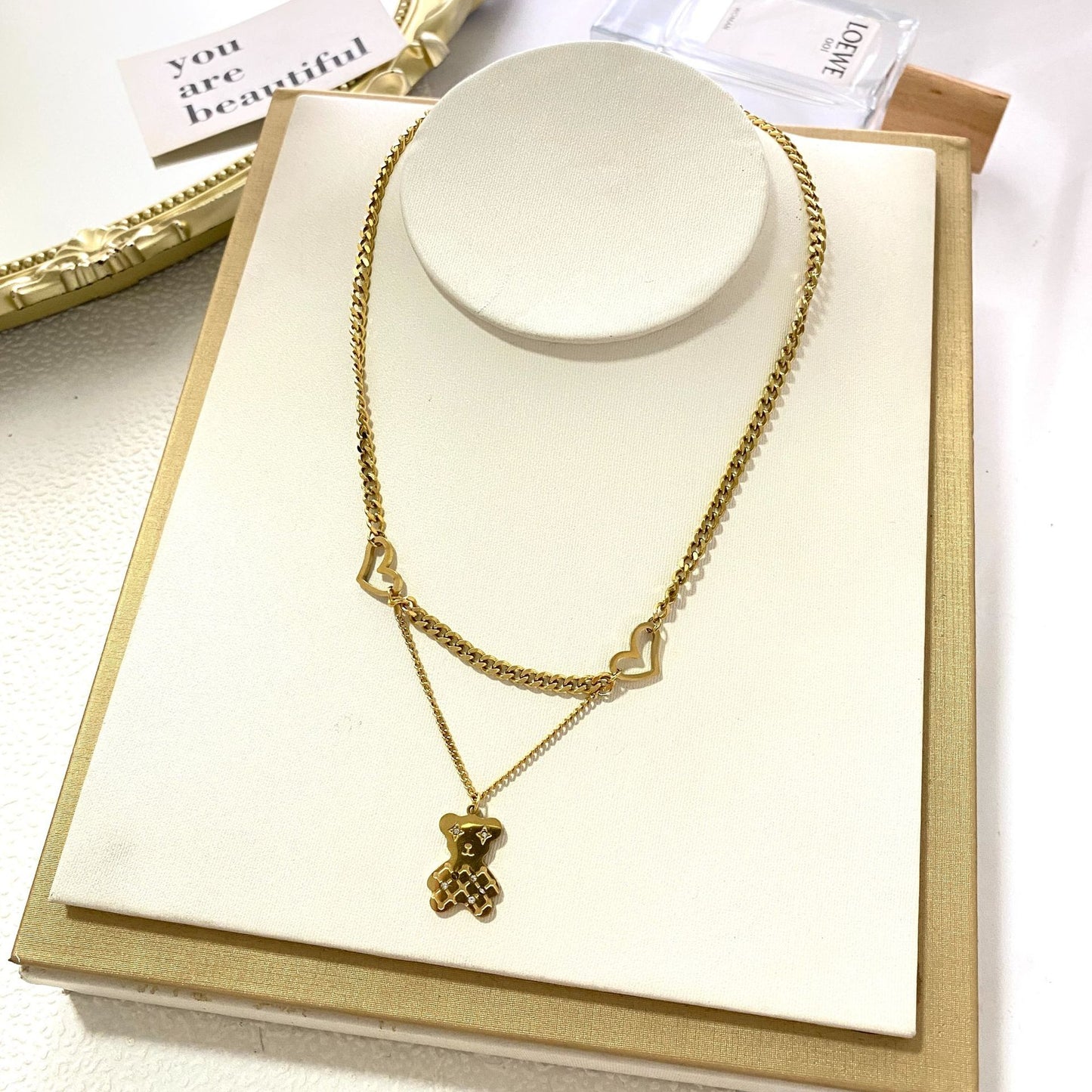 Cute Minimalist 18K Gold Plated Titanium Steel Micro-set Cubic Zirconia Bear Pendant Necklace with Tassel