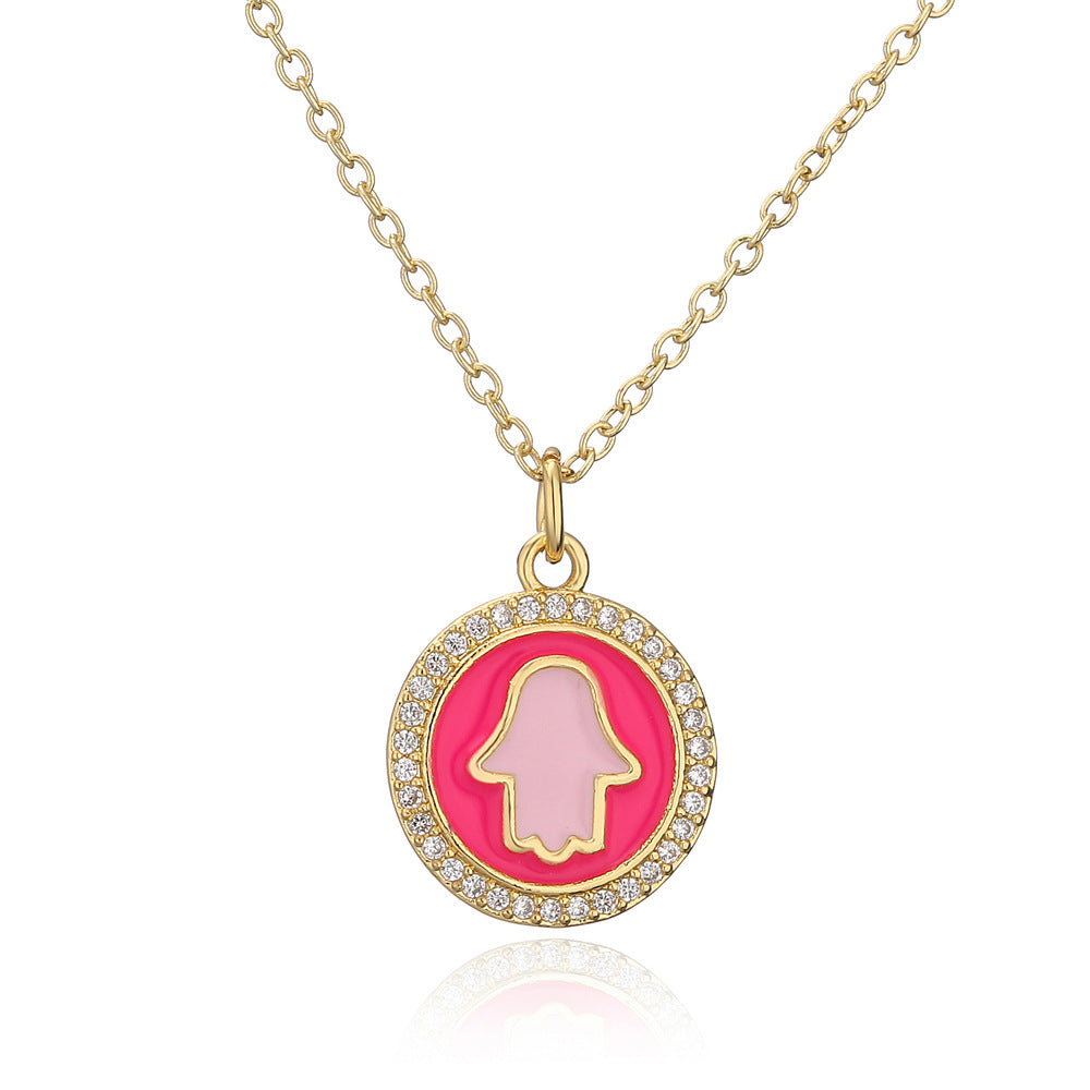 Geometric Round Drip Oil Brass Pendant Necklace with Cubic Zirconia for Women