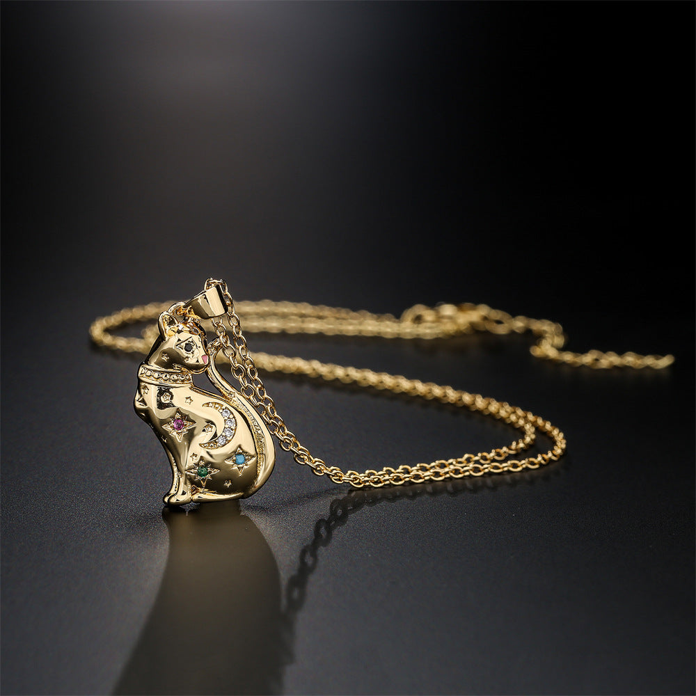 Minimalist Tiger Animal Pendant Necklace in Copper with Gold Plating and Micro-Pave Zirconia