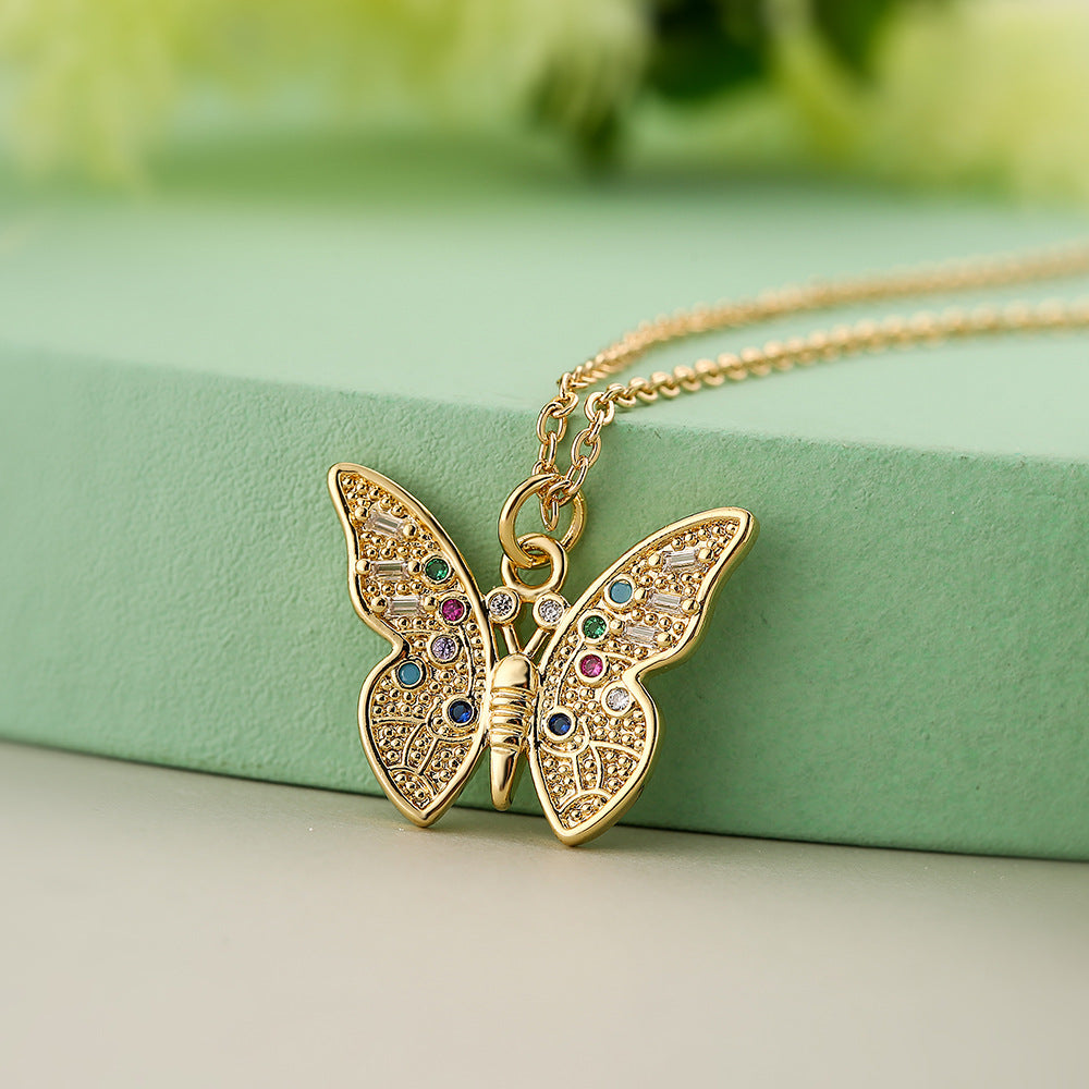 Collana Pendente a Farfalla Minimalista da Donna in Rame con Placcatura in Oro e Intarsio di Zirconi