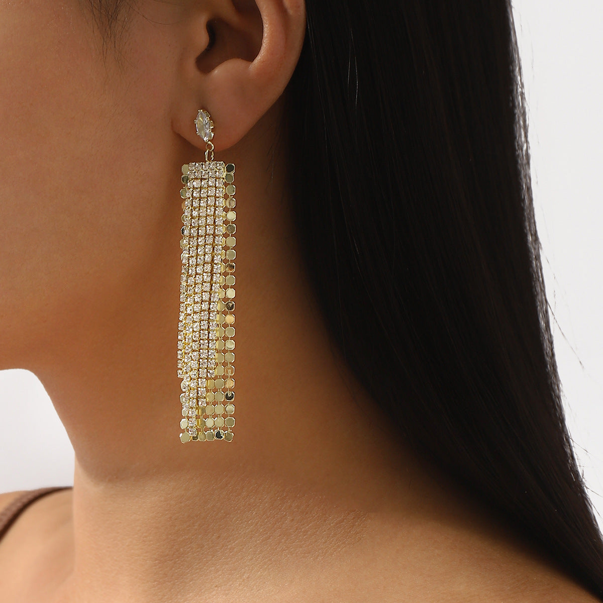 Geometric Fringe Alloy Earrings with Rhinestone Inlay for Women, Fashionable Office Wear Lightweight Luxury Party Jewelry