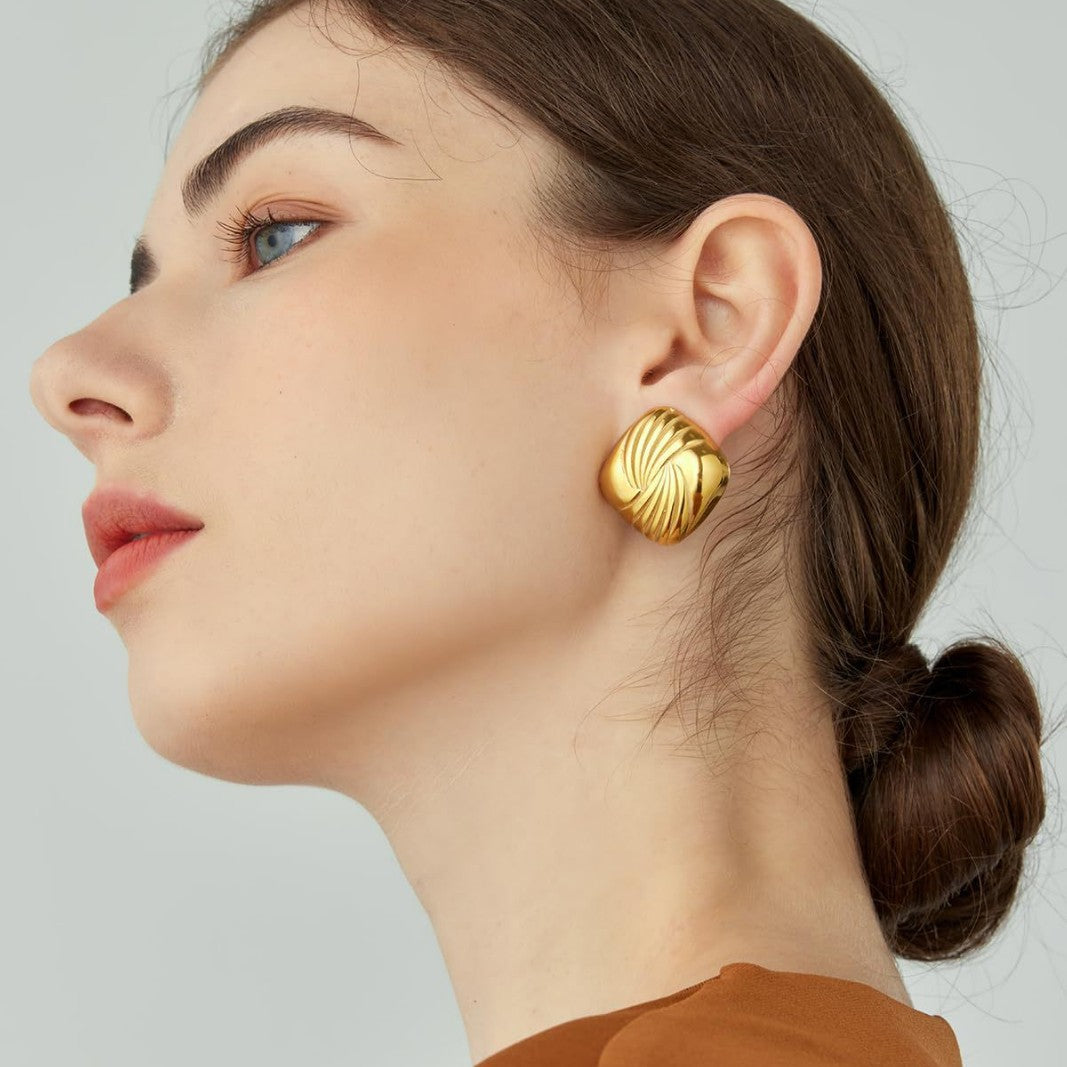 Pendientes de acero inoxidable bañados en titanio con forma de ala geométrica, diseño de moda y textura ondulada para mujer