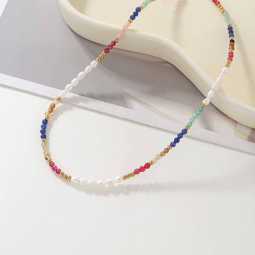 Geometric Colorful Gemstone and Freshwater Pearl Beaded Necklace Stainless Steel Plated Curb Chain for Women