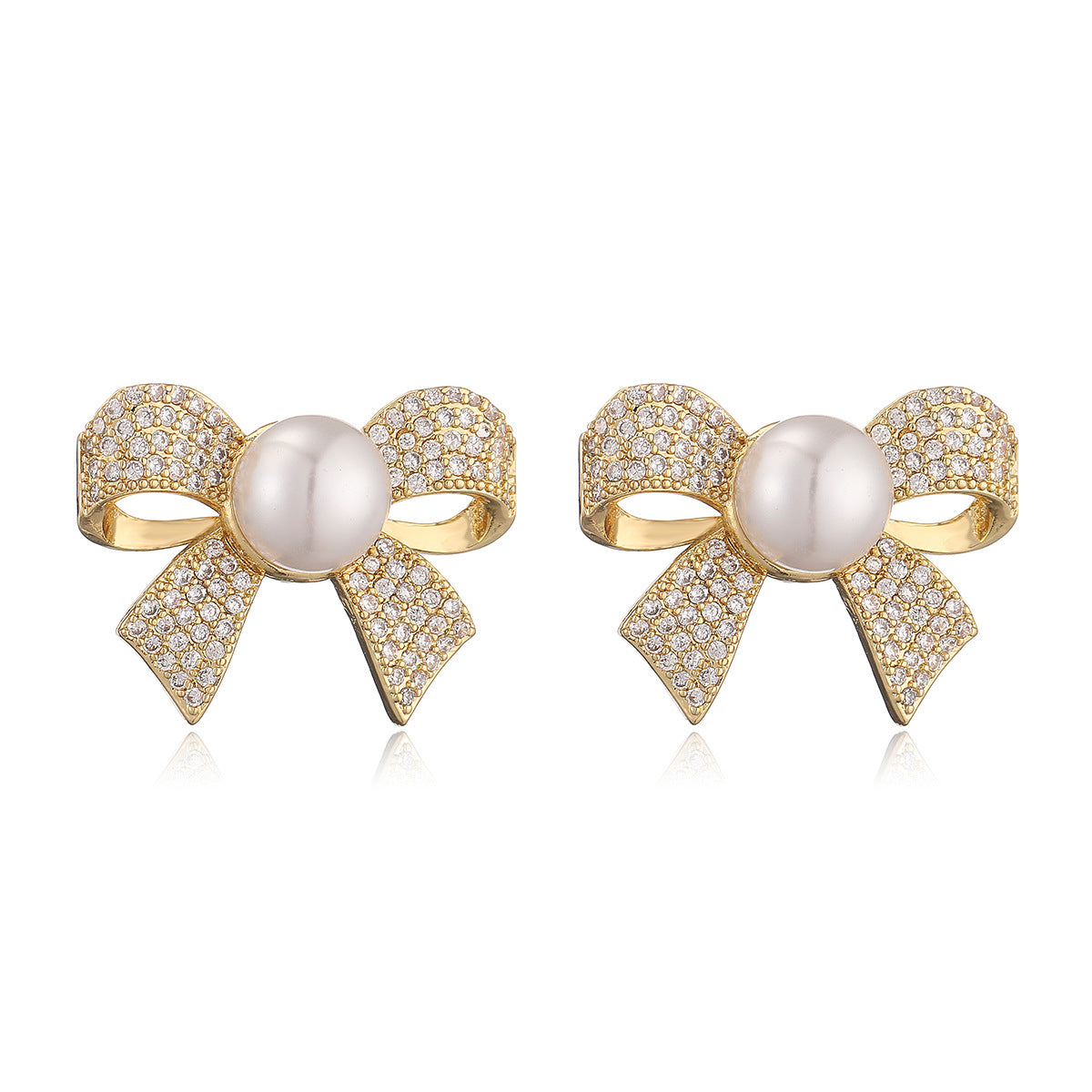 Elegant Bow-Shaped Copper Earrings with 18K Gold Plating and Zircon Inlay for Women