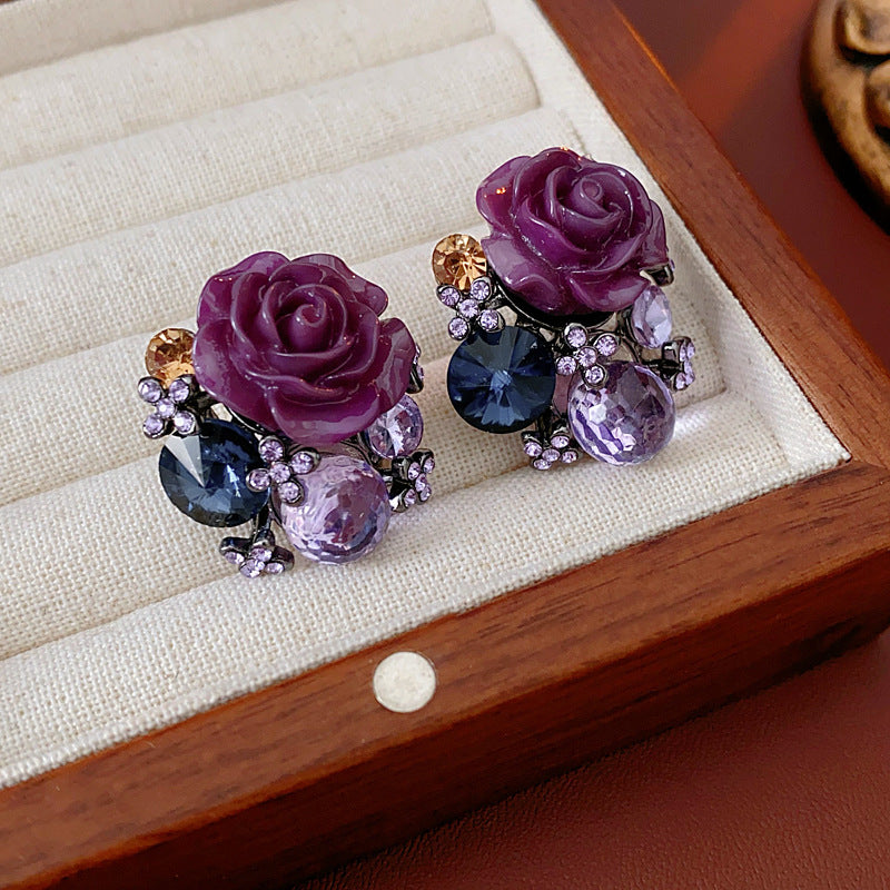 Orecchini in rame floreali e geometrici stile vintage con intarsio di strass, galvanizzati per un look di lusso