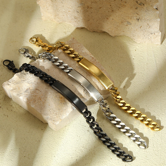 Pulsera de barra con dije DIY grabada con láser, geométrica, de acero de titanio chapado en oro de 18 quilates PVD para unisex