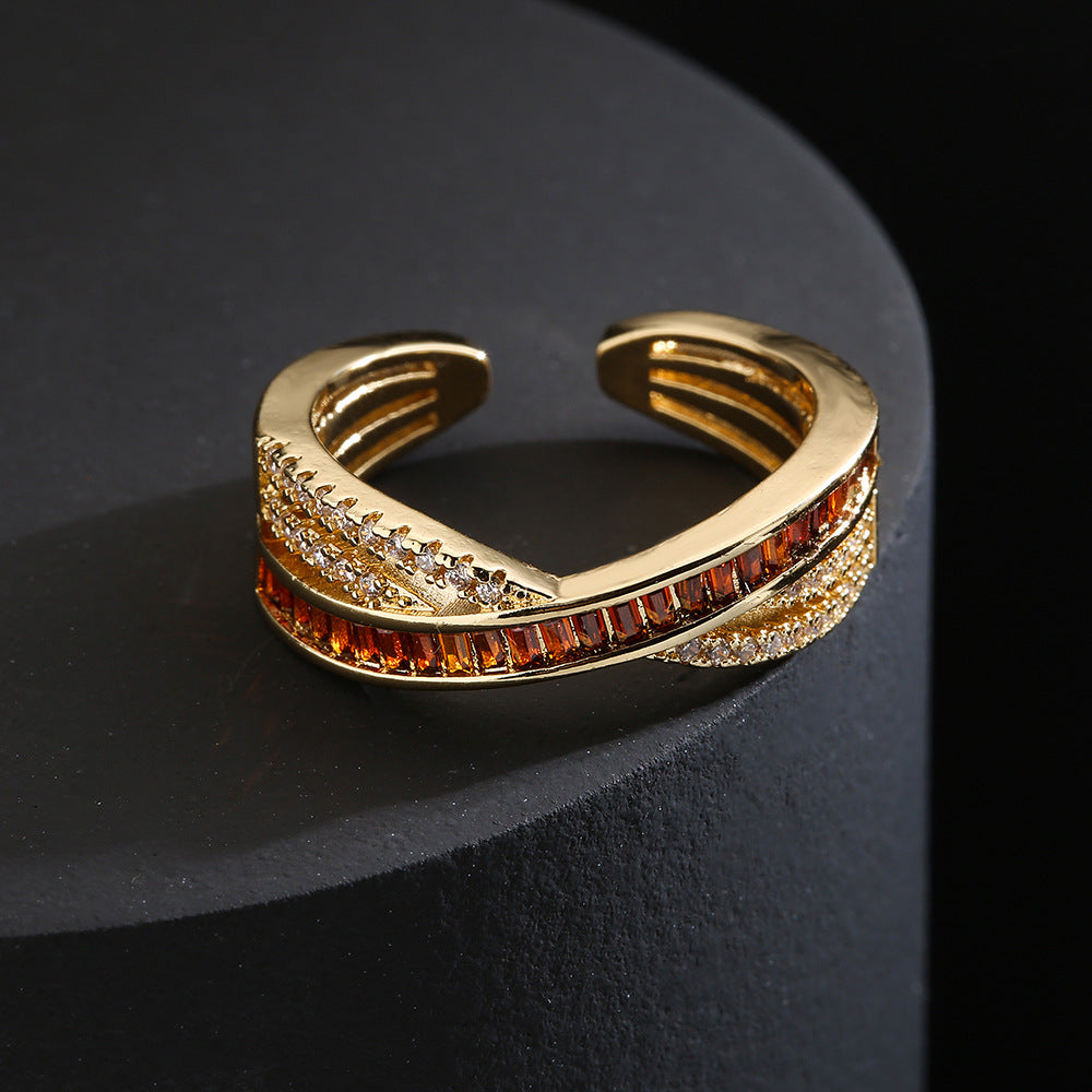 Anello Minimalista Geometrico in Rame da Donna con Zirconi Cubici Colorati Micro-Pavé