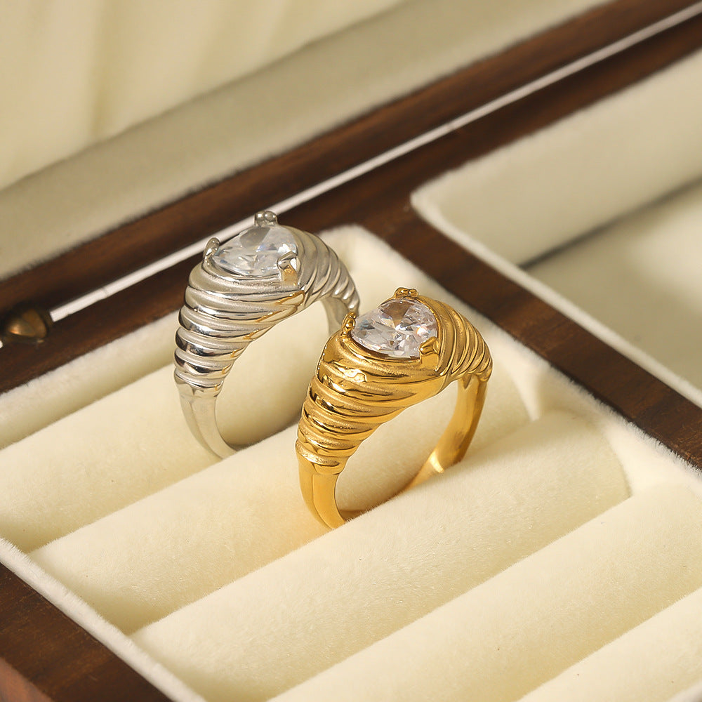 Minimalist Heart-Shaped Stainless Steel Ring with White Zirconia Inlay and 18K Gold Plating for Women