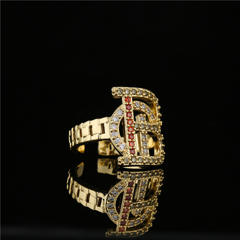 Hip-hop Punk Streetwear 18K Gold Plated Brass Micro-inlaid Geometric Open Ring