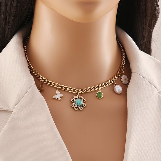 Fashionable Floral Butterfly Pendant Necklace in Stainless Steel with Pearl Accents and Electroplated Finish for Women