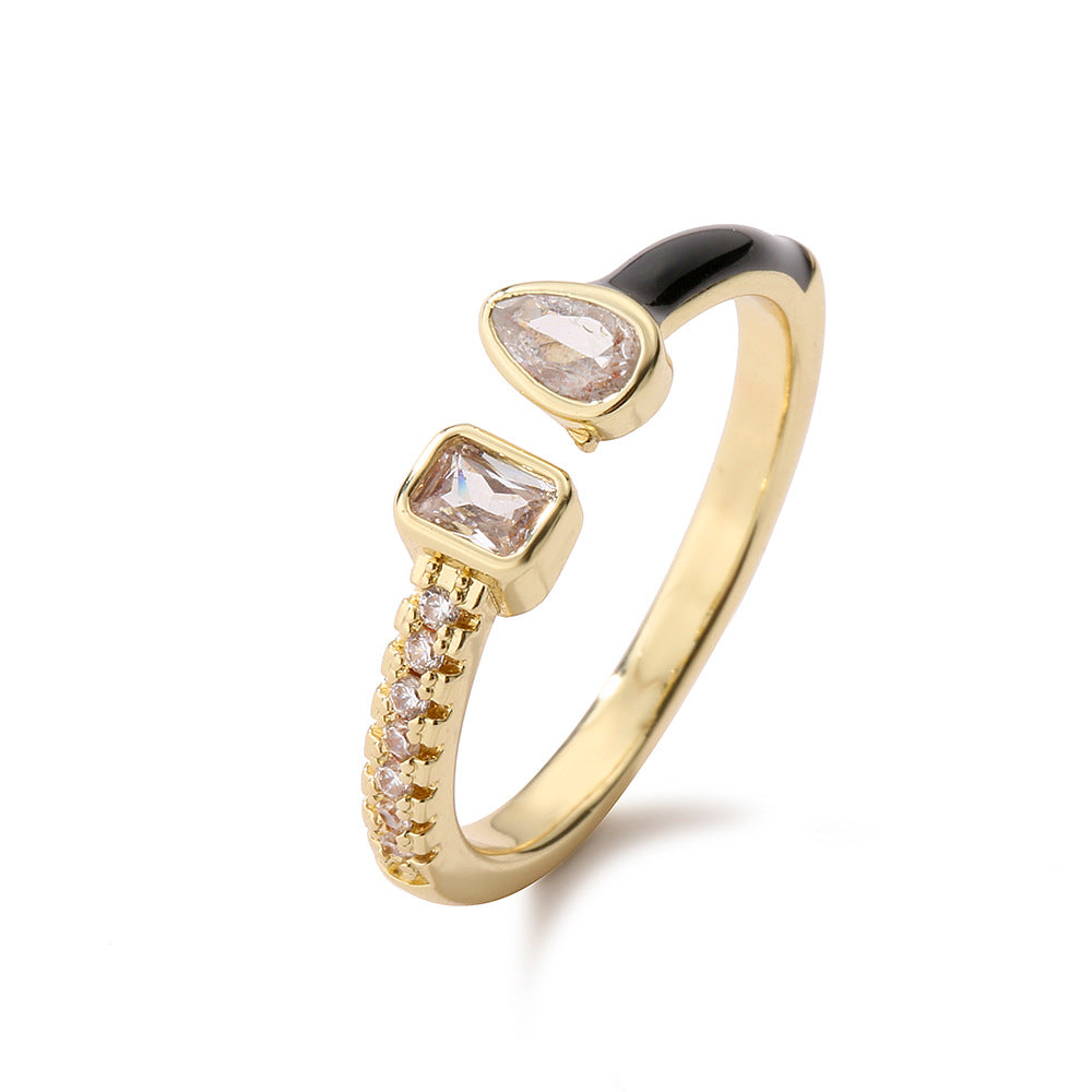 Anello Aperto Geometrico Minimalista da Donna in Ottone con Placcatura in Oro Vero e Finitura Smaltata con Intarsio in Zirconia Cubica