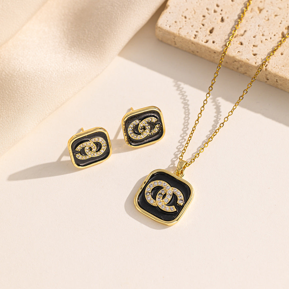 Elegant Letter-Shaped Titanium Steel Necklace and Earrings Set with O-Chain Black Finish for Women