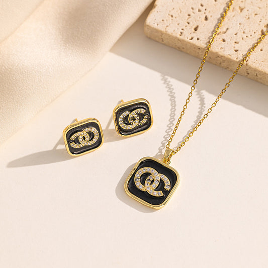Elegant Letter-Shaped Titanium Steel Necklace and Earrings Set with O-Chain Black Finish for Women