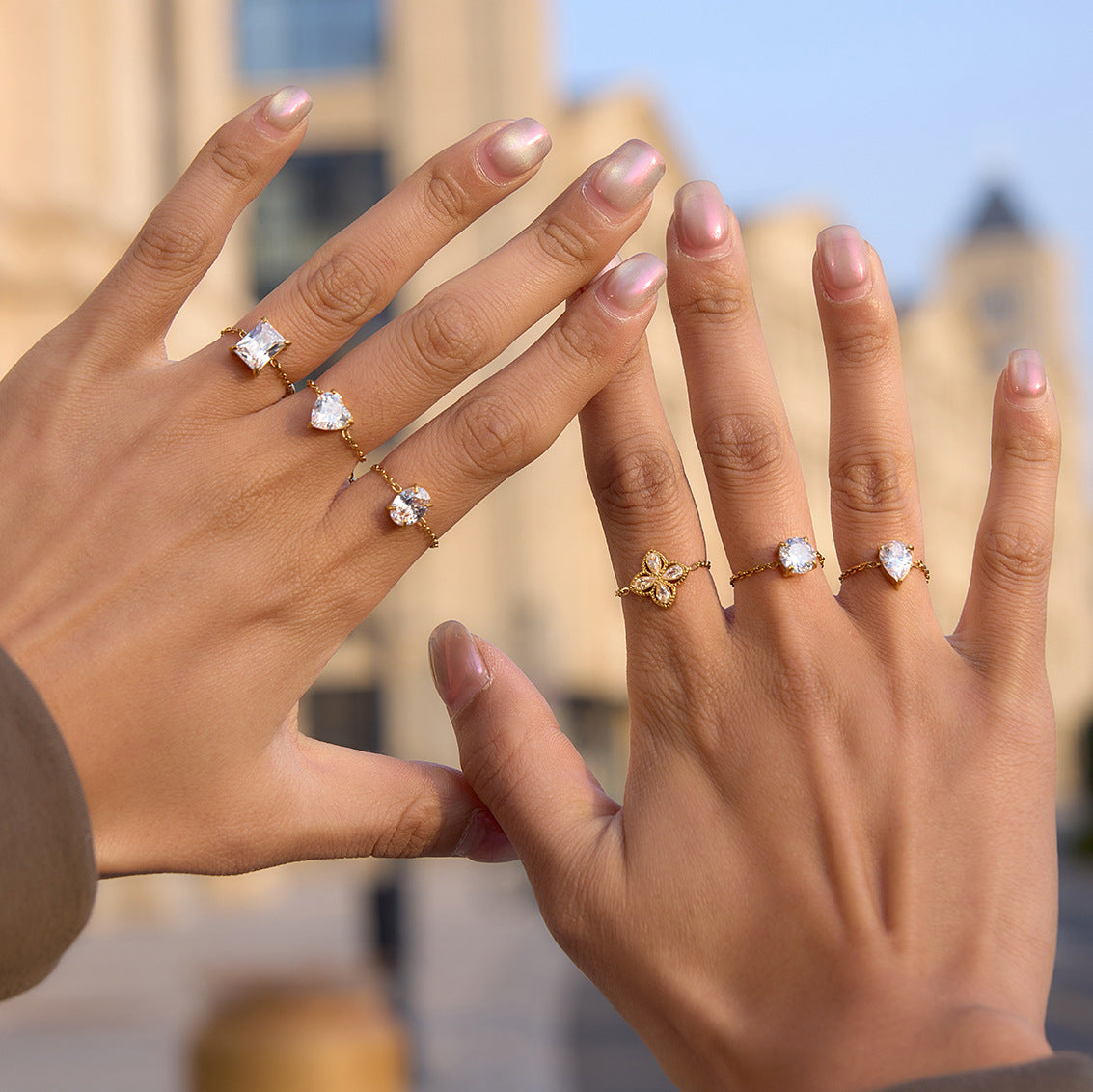 Minimalist Geometric Square Stainless Steel Ring with Cubic Zirconia PVD Gold Plated for Women