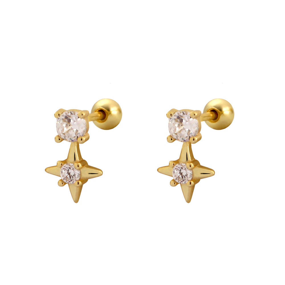 Minimalist 925 Sterling Silver Geometric Star Stud Earrings with Rhinestone Inlay