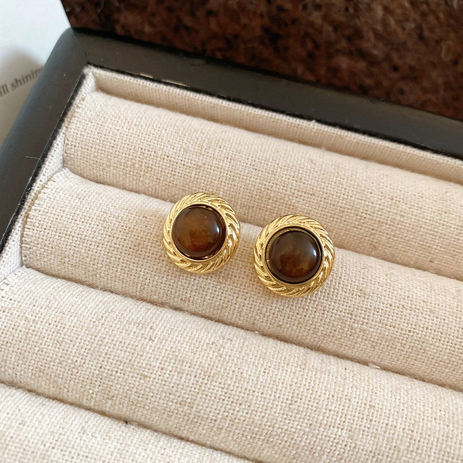 Pendientes de botón de acero chapado de estilo lujoso con perlas de imitación y detalles de ojo de tigre con diseño floral para mujer