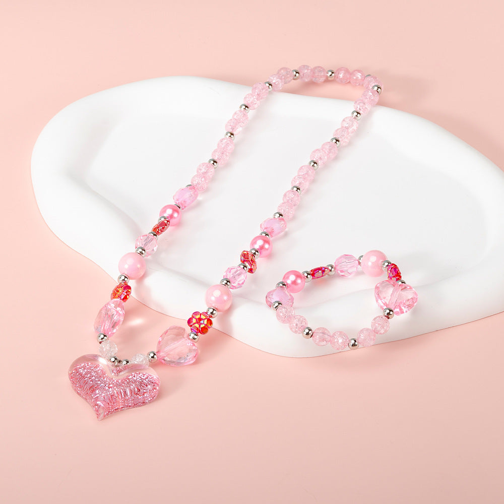 Graziosa collana a cuore per bambini, set in resina con ciondolo in acrilico e catena a perline tonde
