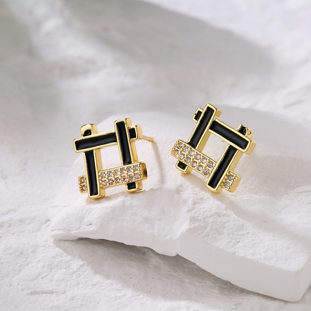 Minimalist Geometric Copper Earrings with 18K Gold Plating and Enamel Finish for Women