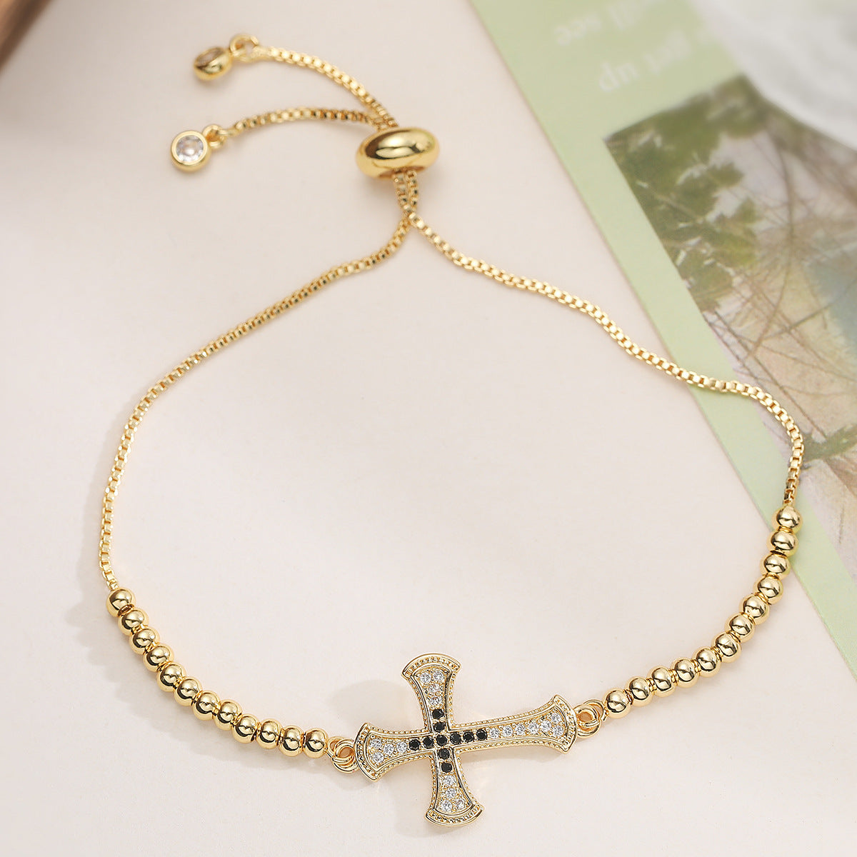 Minimalist 18K Gold Plated Brass Geometric Cross Bracelet with Cubic Zirconia for Women