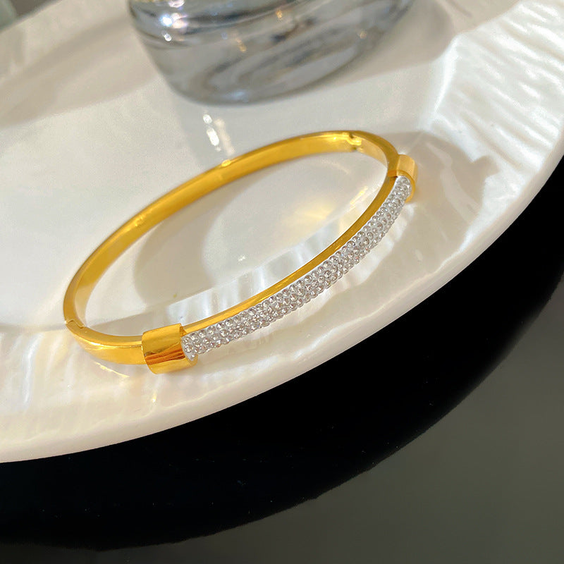 Luxury 18K Gold Plated Geometric Titanium Steel Bracelet with Full Cubic Zirconia Inlay for Women