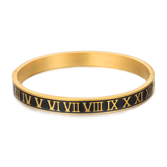 Black Drip Oil Plated Titanium Steel Cuff Bracelet with Roman Numbers and Geometric Round Design for Unisex