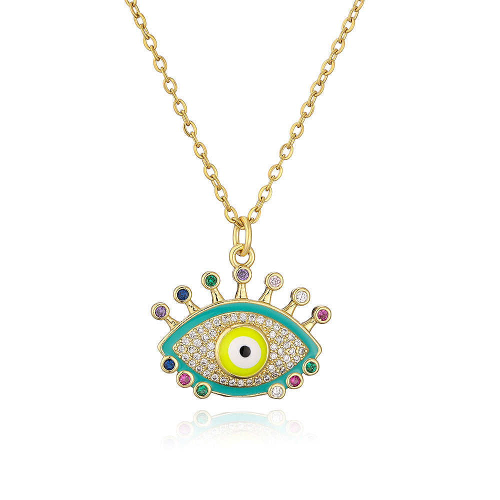 Minimalist Geometric Evil Eye Pendant Necklace for Women with Copper Base and Gold Plating, Enamel Finish and Zircon Inlay