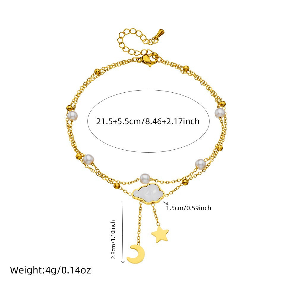Elegant Stainless Steel Bow Cloud Star Moon Pearl Shell Tassel Anklet for Women