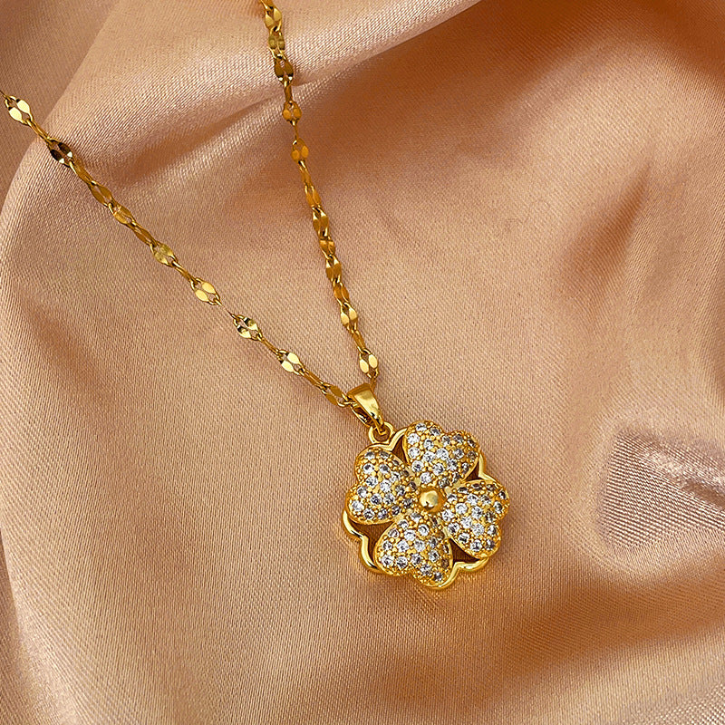 Minimalist Four-Leaf Clover Pendant Necklace in Titanium Steel with Gold Plating for Women and Men