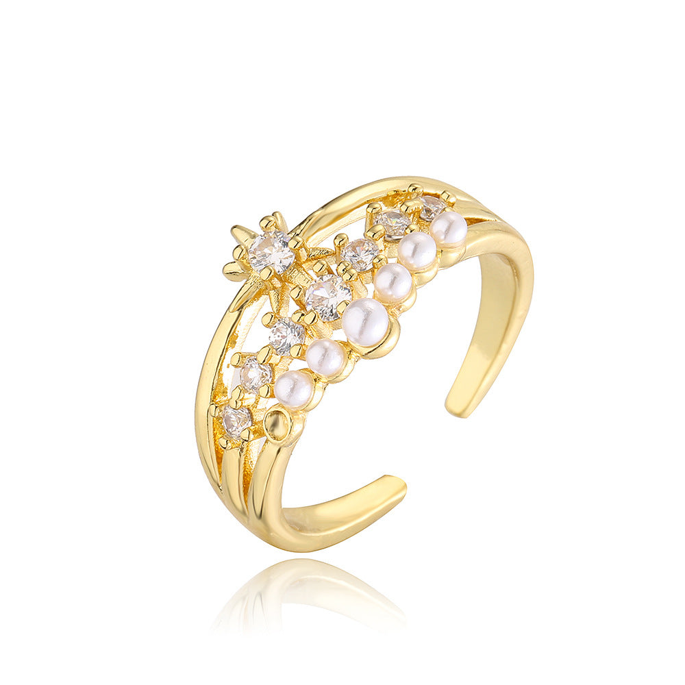 Geometric Hollow-Out Ring for Women Made of Copper with 18K Gold Plating and Zircon Inlay