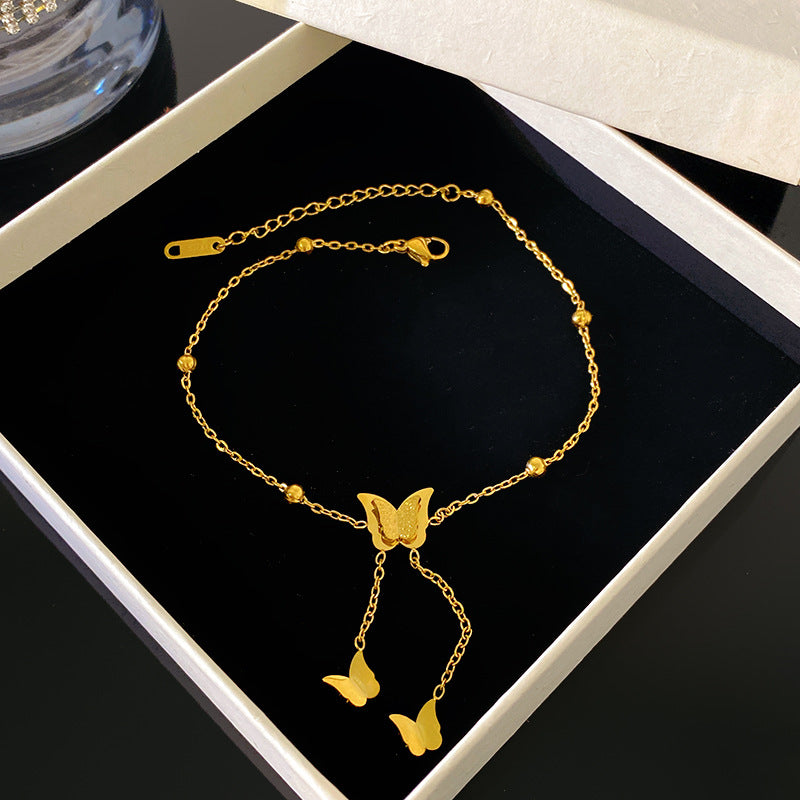 Minimalist Gold Plated Titanium Steel Heart Butterfly Rhinestone Anklet with Tassel